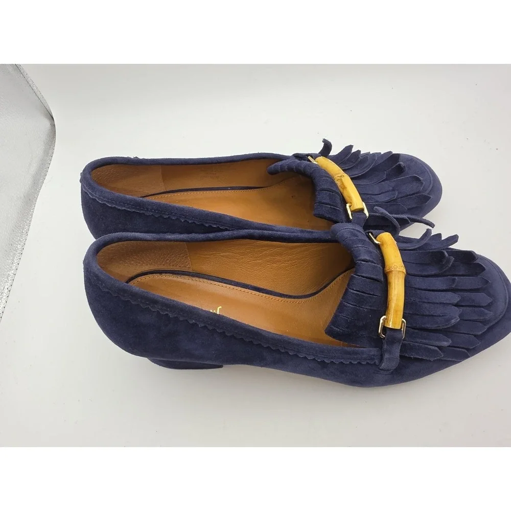 J. McLaughlin Navy Suede Kiltie Loafers with Bamboo Bit Detail Size 9